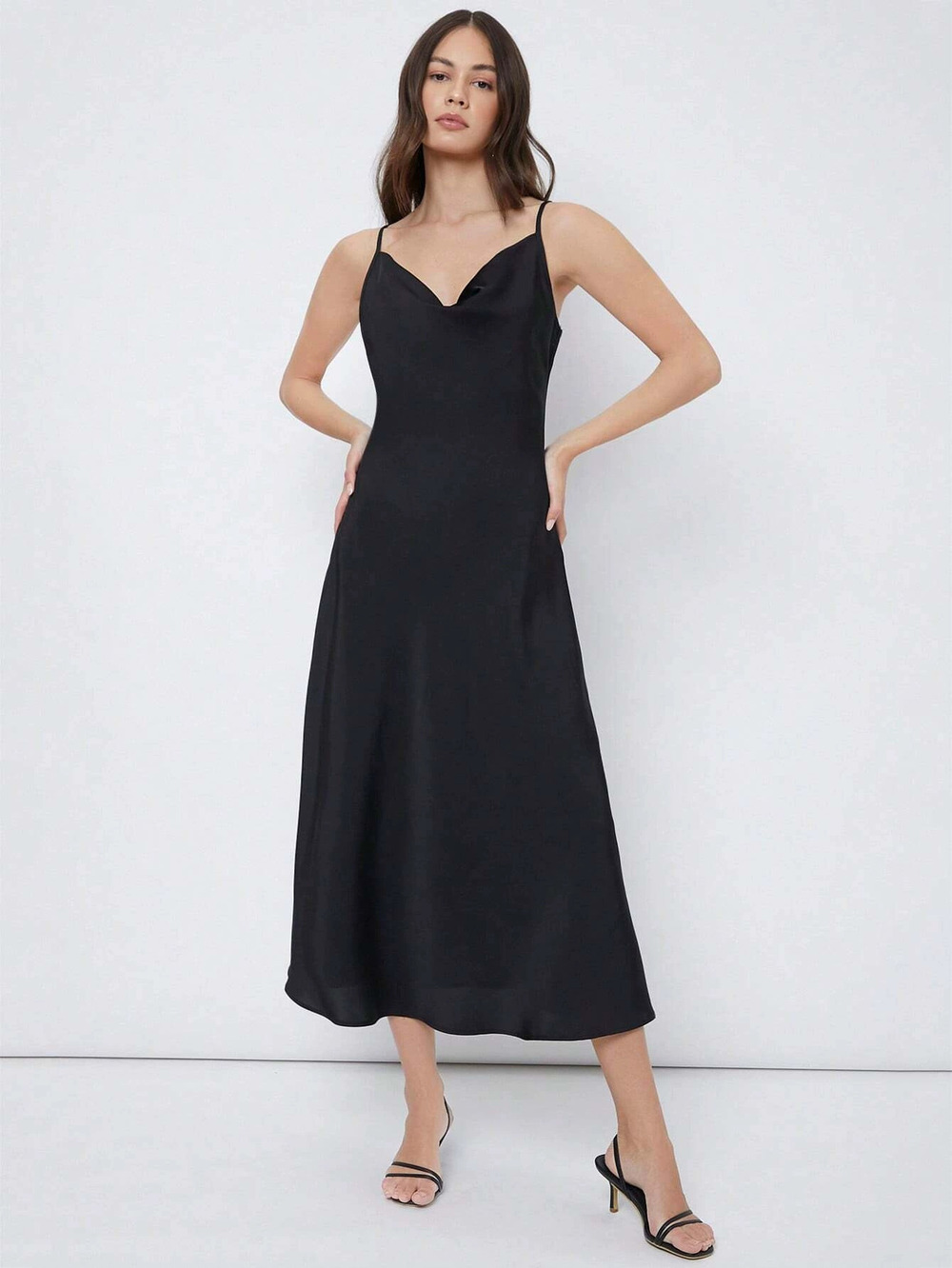 ZARA Shiny Satin Cowl Neck Spaghetti Strap Maxi Party Dress